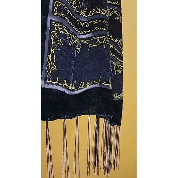 Scarf Shawl Velvety Burnout Stripe Tassled Black Purple Gold Womens 62 X 20 - Picture 3 of 9